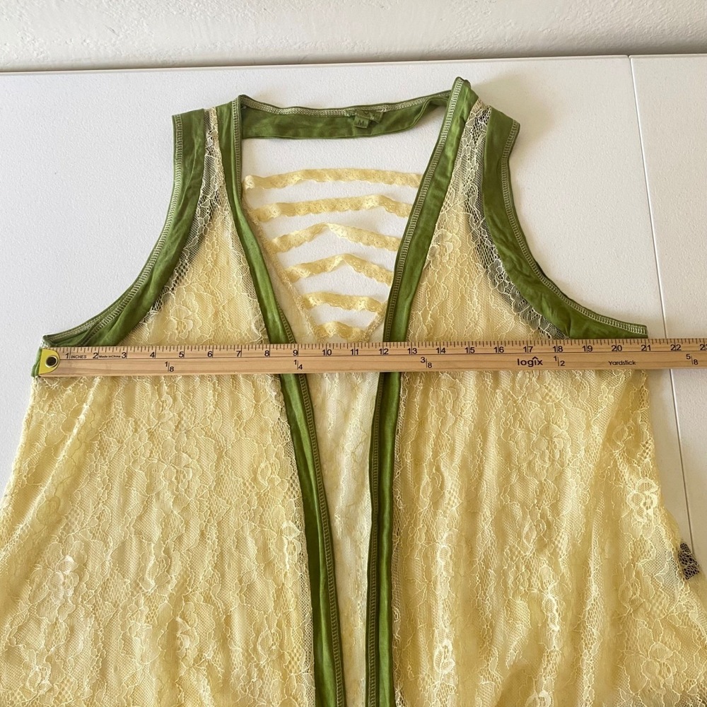 Pol M Olive Green Ivory Lace Open Front Vest Boho Sleeveless Layering Cardigan - Picture 6 of 8